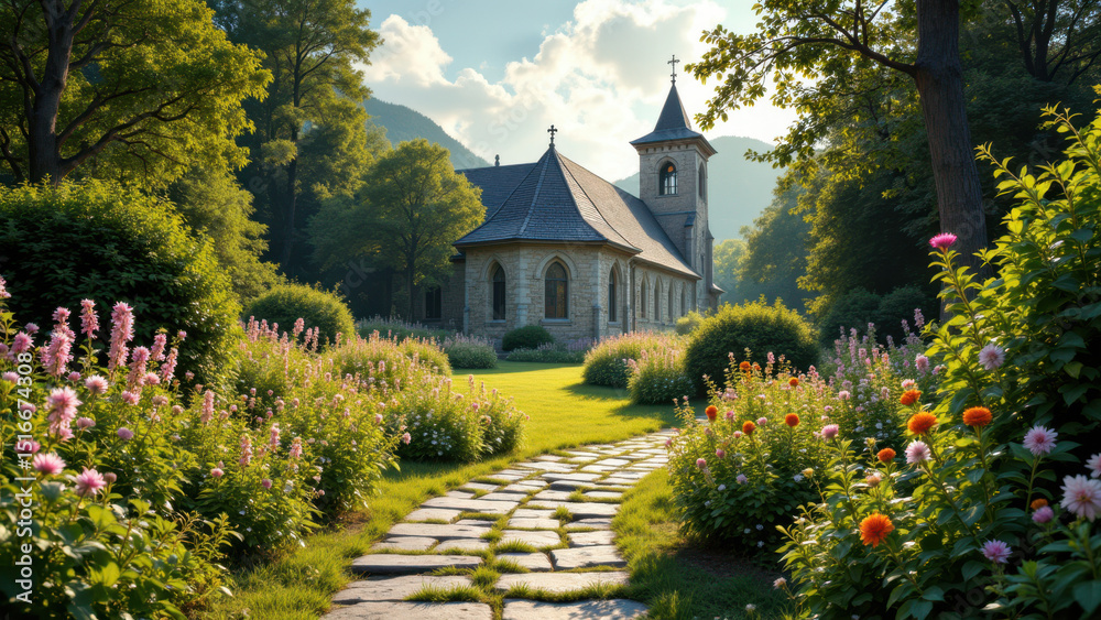 Fototapeta premium A peaceful stone chapel surrounded by vibrant flowers on a country path with a mountainous background under a partly cloudy sky.