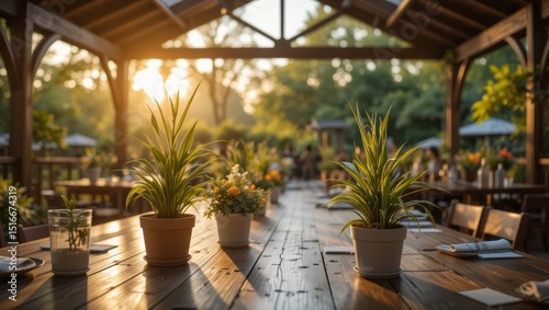 Serene Outdoor Dining Area with Potted Plants and Warm Evening Light at Sunset