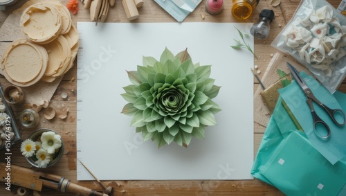 Creative Workspace with Succulent Plant and Craft Materials in a Natural Home Decor Arrangement