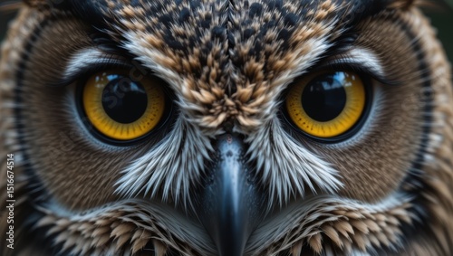 Closeup Portrait of a Majestic Owl with Striking Yellow Eyes and Intricate Feather Patterns
