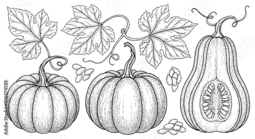 Pumpkin with leaf and seed illustration in vintage style
