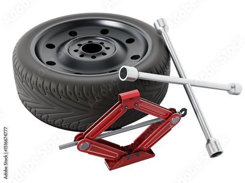 Spare tyre, jack and wheel wrench isolated on transparent background. 3D illustration