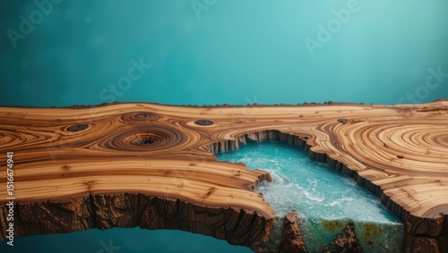 Beautifully Crafted Wooden Table with Blue Resin Inlay Against an Aqua Background