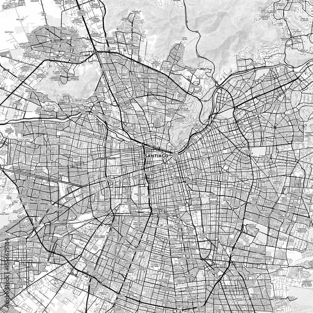 Obraz premium Santiago Area Map with Labels and Neighborhoods - One color, minimalistic design
