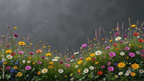 Vibrant Wildflower Garden Against A Dark Gray Sky Capturing The Essence Of Nature