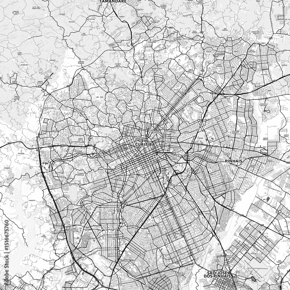 Fototapeta premium Curitiba Area Map with Labels and Neighborhoods - One color, minimalistic design