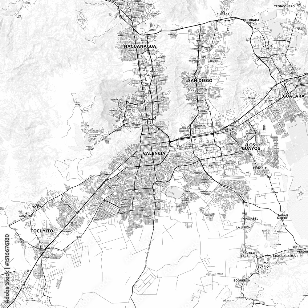 Naklejka premium Valencia Area Map with Labels and Neighborhoods - One color, minimalistic design