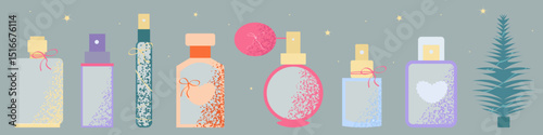 Colorful vector perfume bottles in minimalistic style with textured spray effect, decorative bows. Perfect for packaging, cosmetic branding, cosmetics advertising and holiday promotions.
