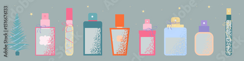 Colorful vector perfume bottles in minimalistic style with textured spray effect, decorative bows. Perfect for packaging, cosmetic branding, cosmetics advertising and holiday promotions.