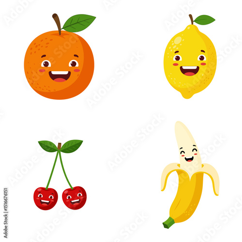 Cartoon illustration of various fruit characters including banana, orange, lemon, and cherry