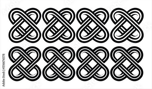 Set of Four Celtic Bowen Knot Patterns , Black & White Interlaced Design, On White Background
