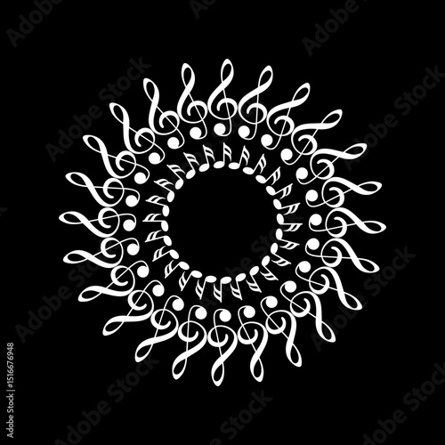 Circle Shape Created by Musical Notation Icon Symbol, can use for Logo, Pictogram, Emblem, Musical Illustration, Decoration, Ornate, Cover, Framework or Graphic Design Element. Vector