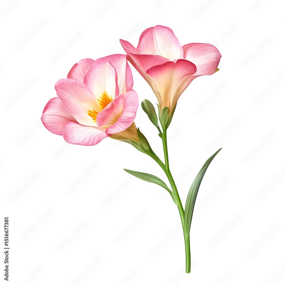 Fototapeta premium Delicate Pink Freesia Flowers on Botanical Illustration of Two Blooming Freesia Flowers with Green Stem and Leaves, on a Pure isolated on transparent background