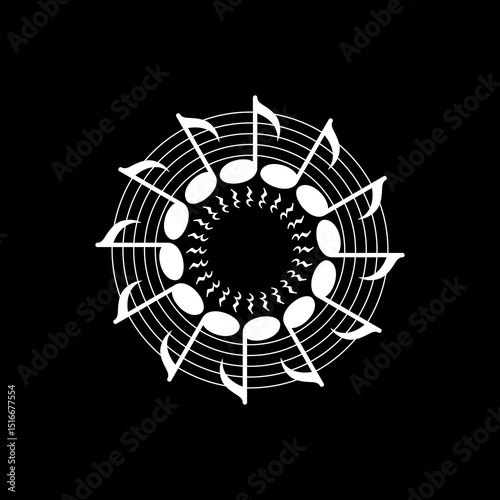 Circle Shape Created by Musical Notation Icon Symbol, can use for Logo, Pictogram, Emblem, Musical Illustration, Decoration, Ornate, Cover, Framework or Graphic Design Element. Vector