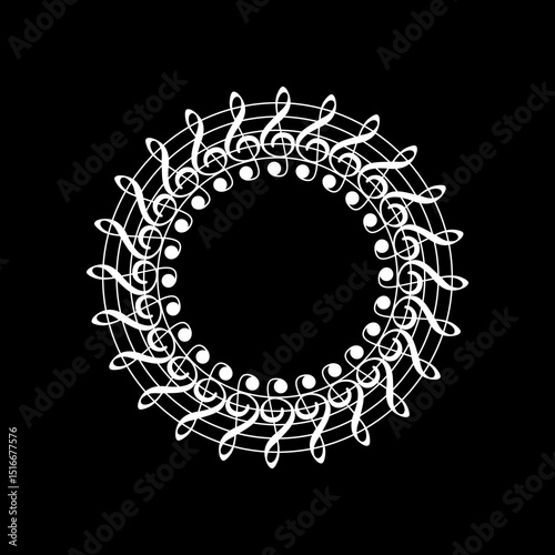 Circle Shape Created by Musical Notation Icon Symbol, can use for Logo, Pictogram, Emblem, Musical Illustration, Decoration, Ornate, Cover, Framework or Graphic Design Element. Vector