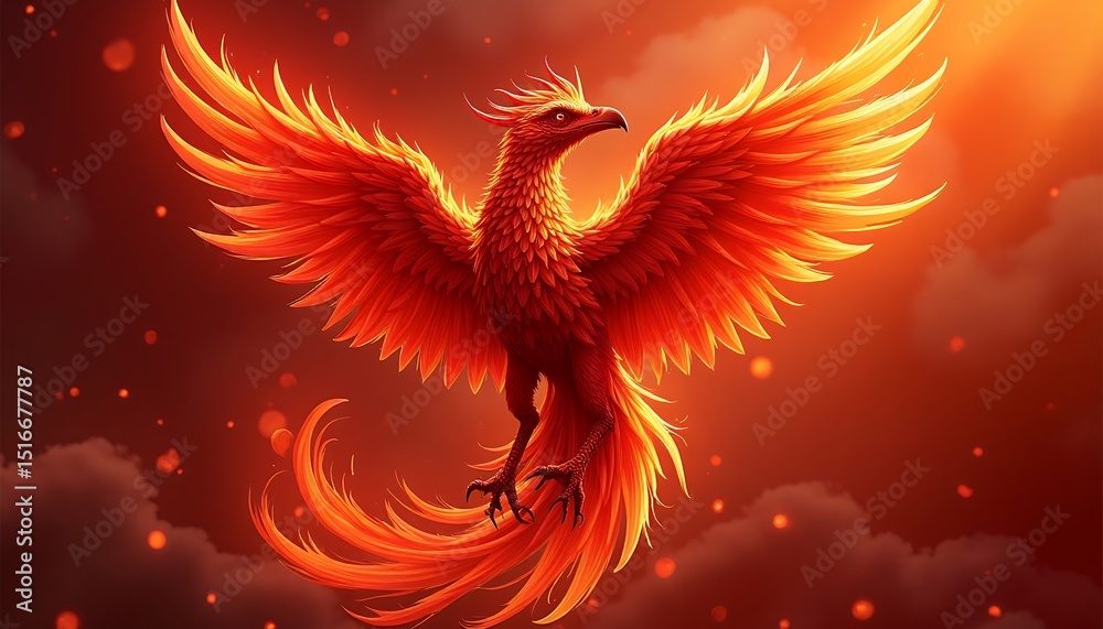 Fototapeta premium Phoenix Bird Flying in Orange Sky Art