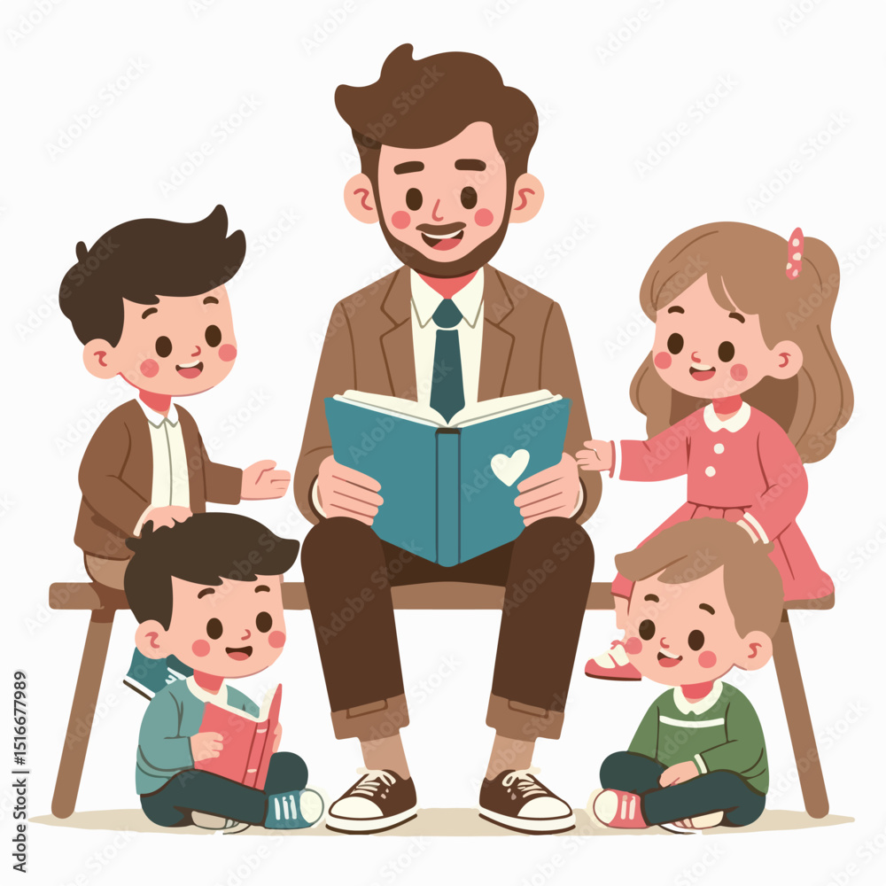 Vector illustration of a teacher and kids reading a storybook, flat design, simple lines Vector illustration of a teacher and kids reading a storybook, flat design, simple lines