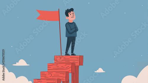 Cartoon Character Standing on Top of Steps with Red Flag Against Blue Sky