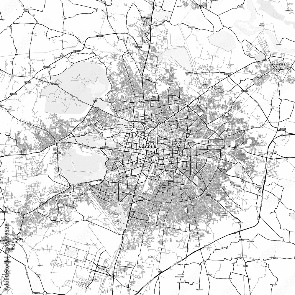 Fototapeta premium Nagpur Area Map with Labels and Neighborhoods - One color, minimalistic design