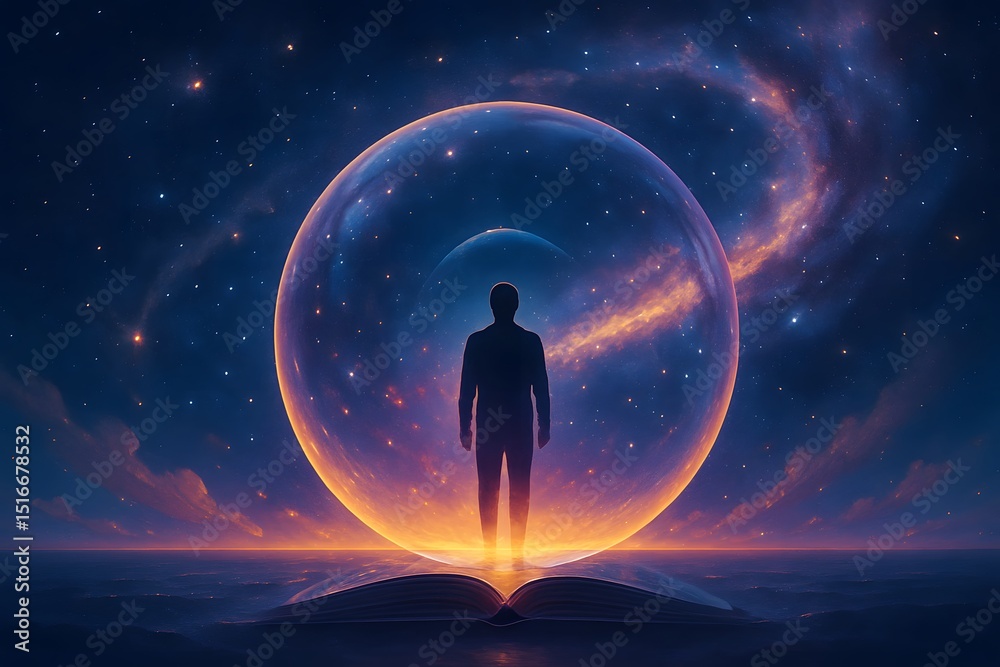 Obraz premium Figure inside glowing sphere under swirling galaxy sky, AI generated