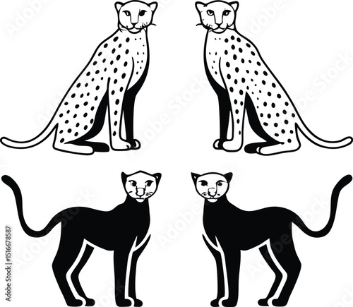 Cheetah Set Of Silhouette Vector, set of funny Cheetah