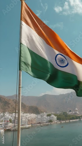 National tricolor flag waving gently, hoisted above a city on the water's edge with mountains in the background under a bright sky.