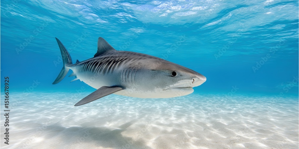 Naklejka premium shark with tiger stripes swimming in blue water
