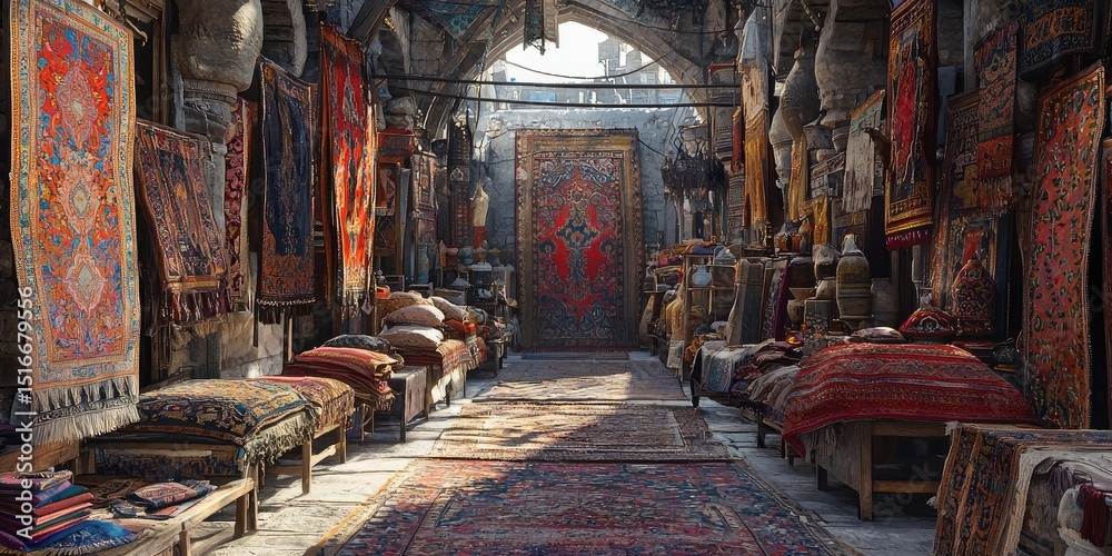 Obraz premium Carpet market alley with colorful rugs displayed on walls and benches in stone archway setting under natural light. Generative by AI.