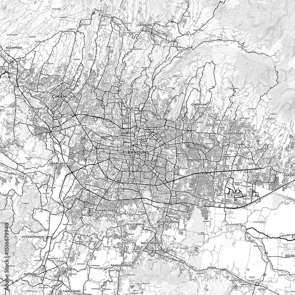 Fototapeta premium Bandung Area Map with Labels and Neighborhoods - One color, minimalistic design
