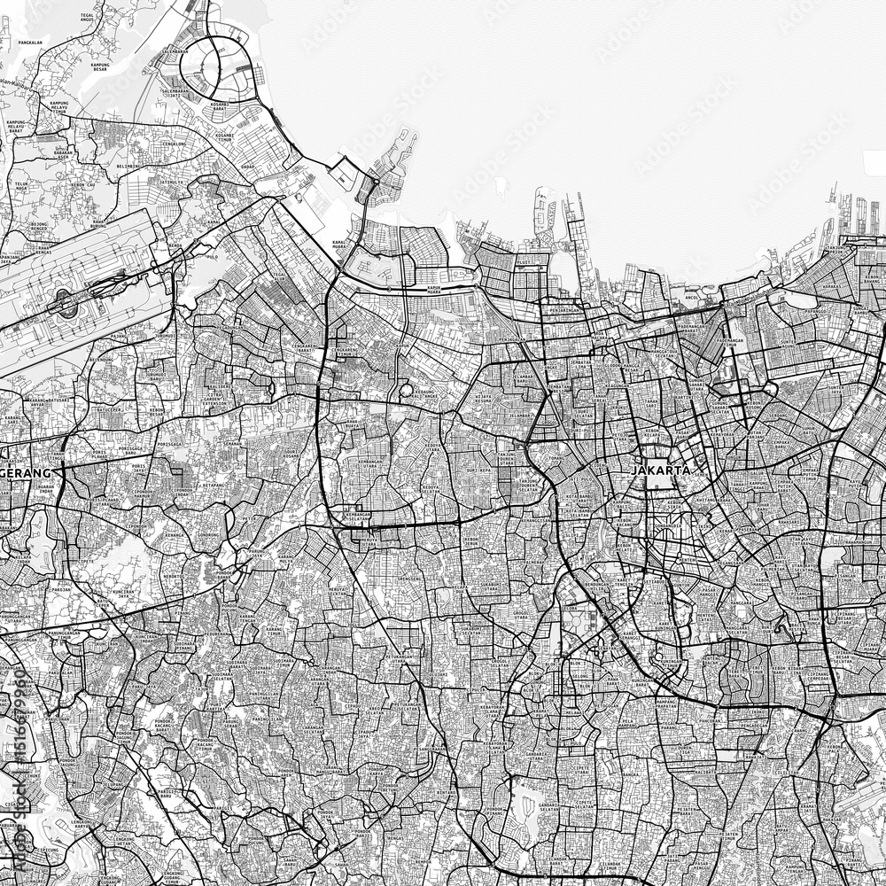 Obraz premium West Jakarta Area Map with Labels and Neighborhoods - One color, minimalistic design