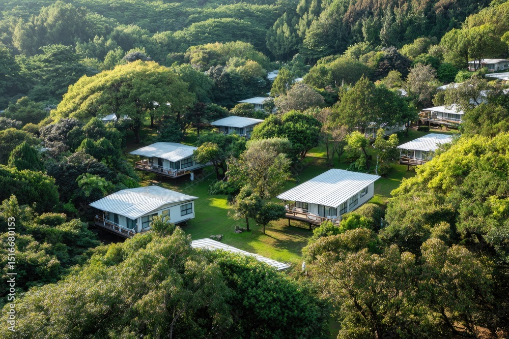 Obraz premium aerial view of tranquil resort cabins nestled amid trees under clear sky with abundant copy space