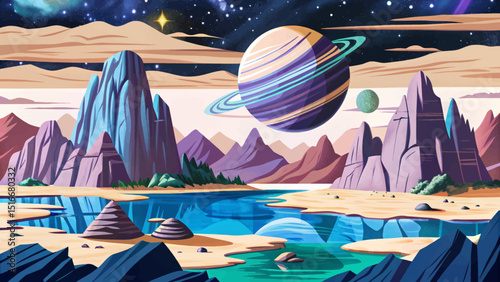 Dark night blue alien vector planet surface with desert and rock cliff mountains illustration cartoon