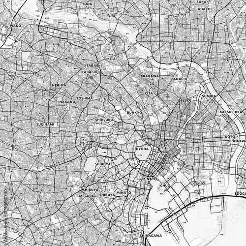 Tokyo Area Map with Labels and Neighborhoods - One color, minimalistic design