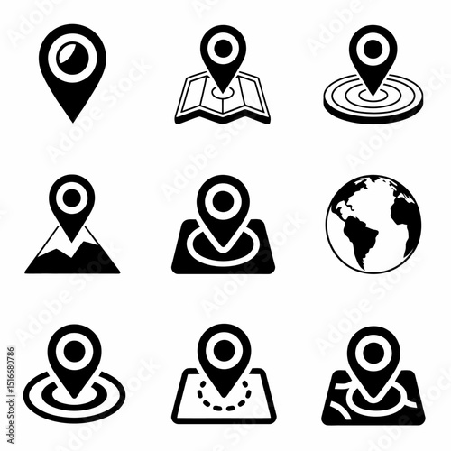 Location Pin and Map Icon Set. GPS and Navigation Symbols in Black Vector