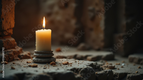A lit votive candle sitting on a pile of rocks, symbolizing faith and hope in difficult circumstances.