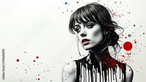 Fashionable illustration of a woman's face with elegant hairstyle, makeup, and black eyes, embodying beauty and style