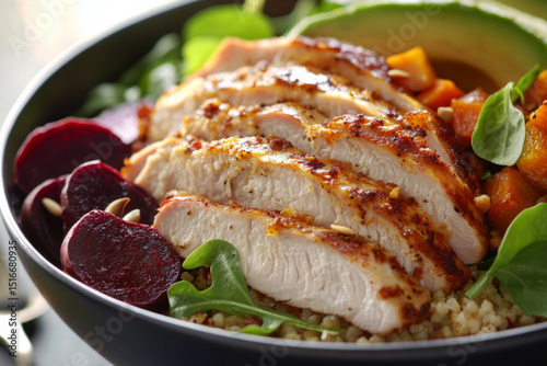 A colorful breakfast bowl features sliced grilled chicken, vibrant roasted vegetables, and healthy grains, all arranged with leafy greens for a nutritious start to the day