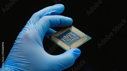 A blue nitrile glove holds a computer processor chip