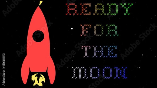 Rocket Animation Flying upwards and READY FOR THE MOON Text flashing in space background