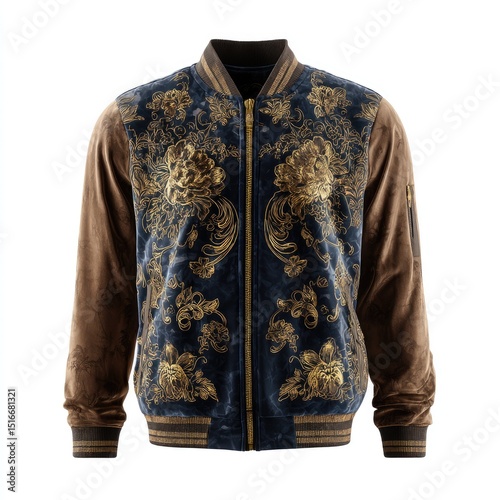 Embroidered bomber jacket with ornate floral patterns in navy and brown.  Detailed gold embroidery on navy velvet, contrasting brown suede sleeves photo