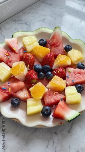 Colorful fruit salad in a scalloped dish