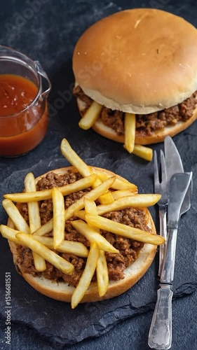 Two sandwiches topped with french fries and a savory filling, served on a dark slate surface with a small jar of tomato sauce