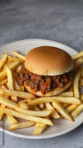 Sloppy Joe sandwich with french fries on a plate