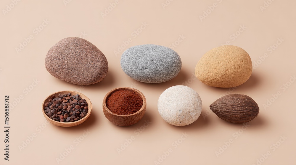 Fototapeta premium variety of raw materials artfully arranged on sleek surface showcasing textures and tones in minimalistic setup