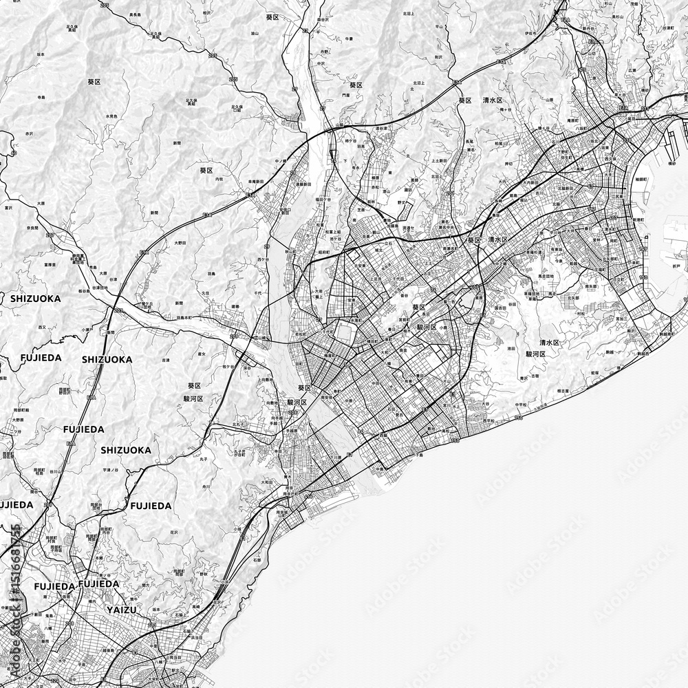 Naklejka premium Shizuoka Area Map with Labels and Neighborhoods - One color, minimalistic design