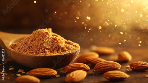 Seekers shot of a wooden spoon with ground almond powder and fresh almonds on an old rustic table, with a golden bokeh background. photo