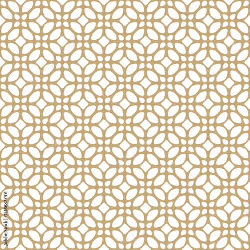 Vector gold and white floral ornament. Abstract geometric seamless pattern with flower silhouettes, leaves, grid, lattice, mesh. Elegant golden background in oriental style. Repeating luxury design