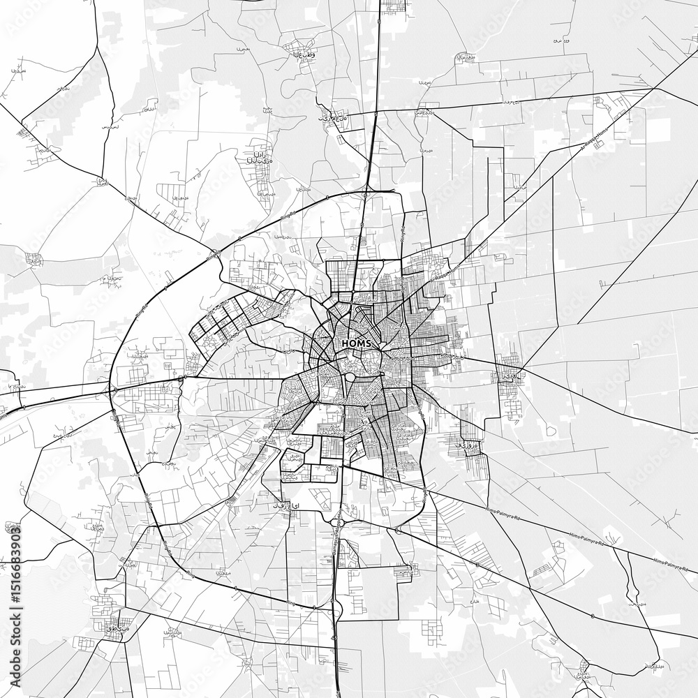 Fototapeta premium Homs Area Map with Labels and Neighborhoods - One color, minimalistic design