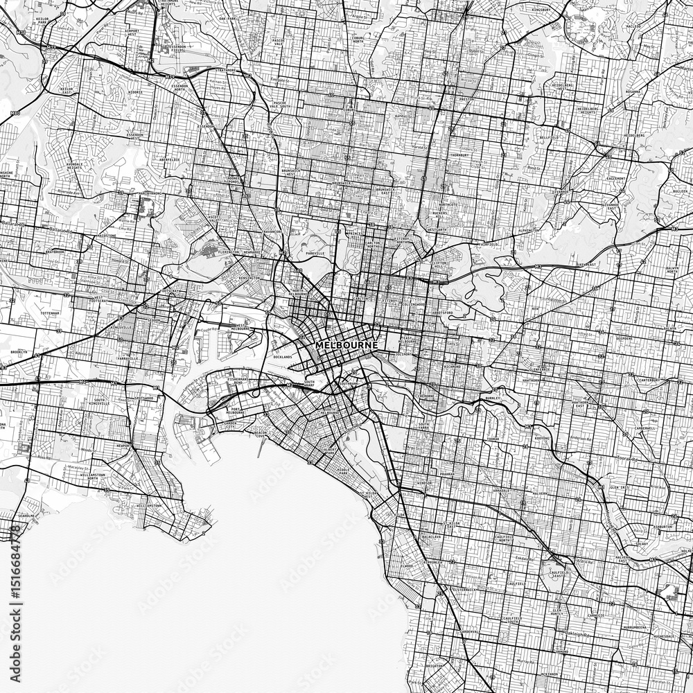 Fototapeta premium Melbourne Area Map with Labels and Neighborhoods - One color, minimalistic design