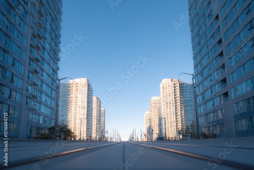 apartment skyline backdrop framing passing streetcar or tram on modern urban tracks with uniform blue sky as clean